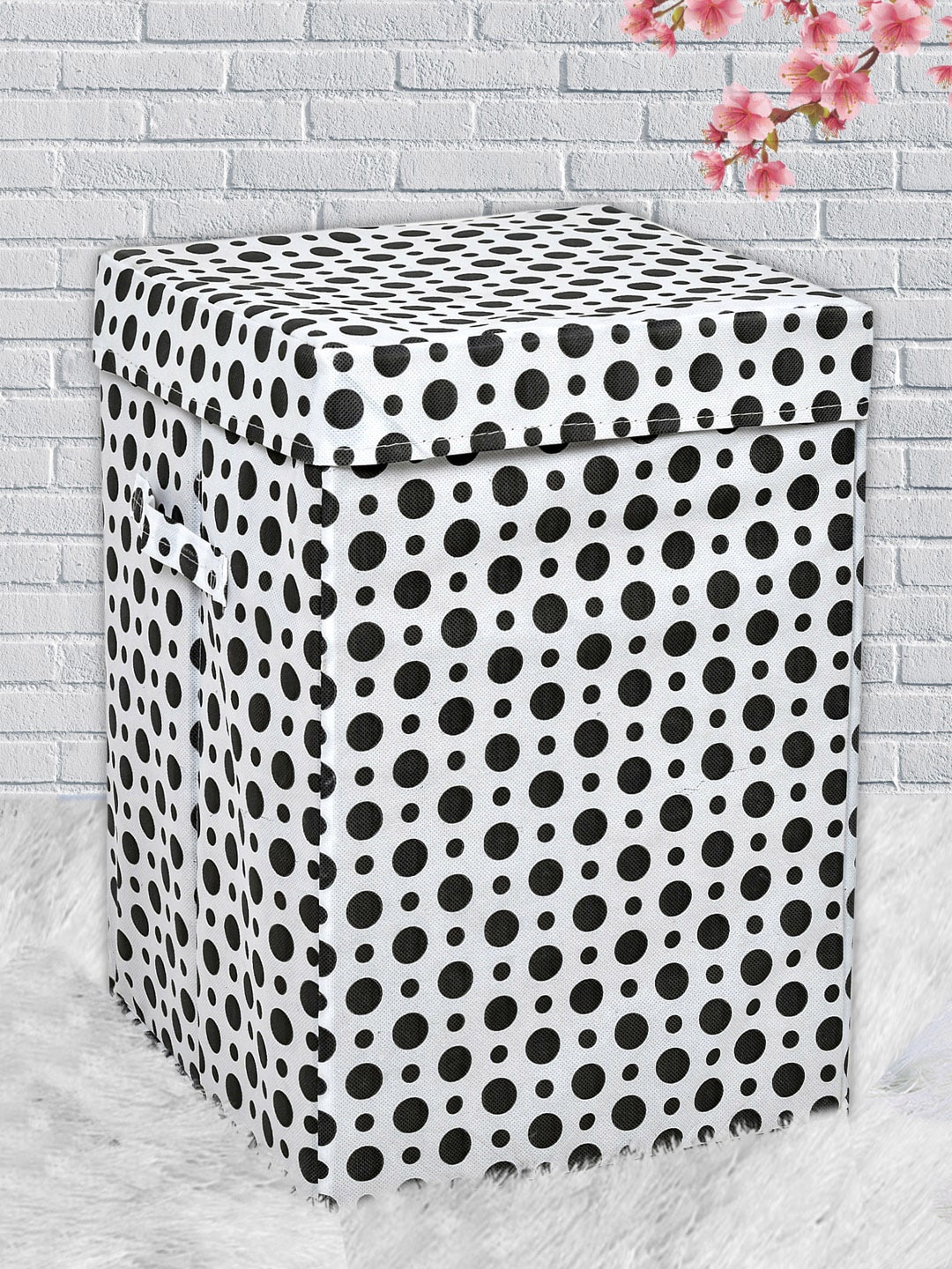 

Kuber Industries White & Black Polka Dots Printed Foldable Laundry Bag With Handles & Lid