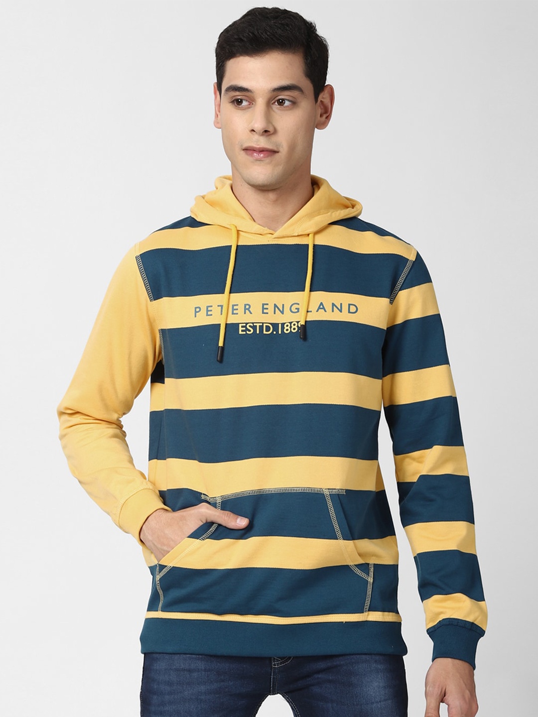 

Peter England Casuals Men Yellow & Teal Blue Striped Hooded Sweatshirt