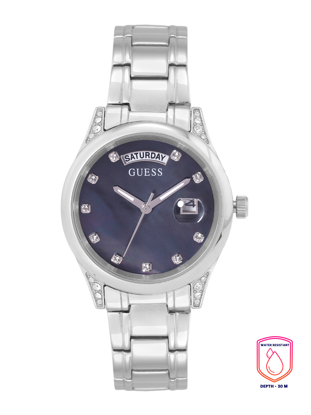 

GUESS Women Black Embellished Dial & Silver Toned Strap Analogue Watch GW0047L1