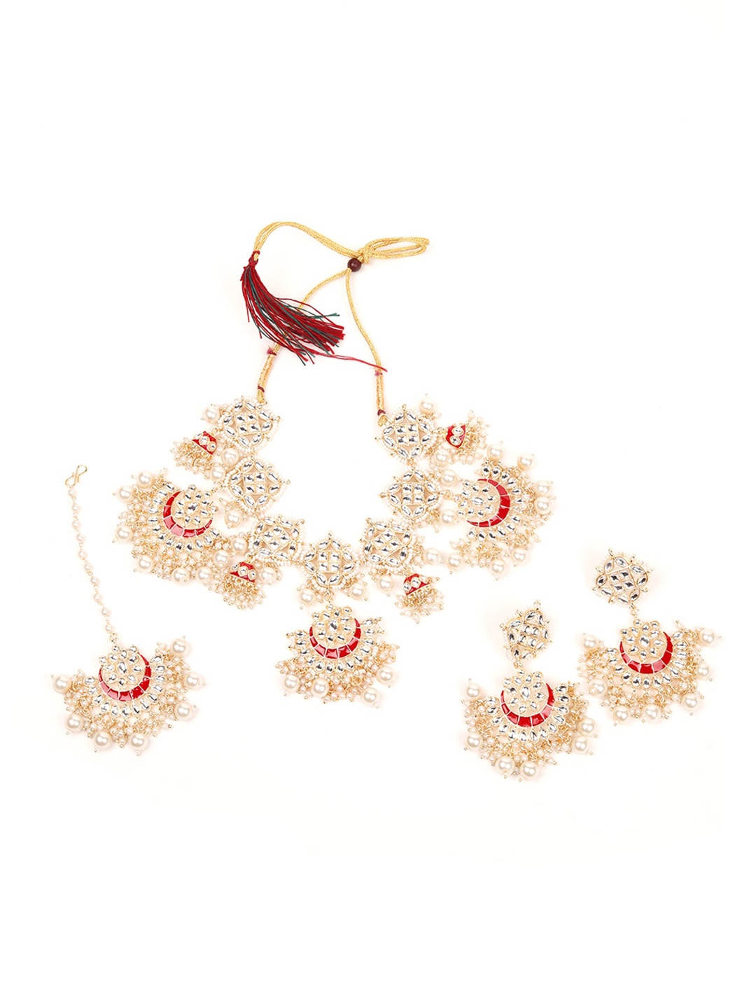 

ODETTE Glod-Toned Red & White Stone Studded Jewellery Set, Gold