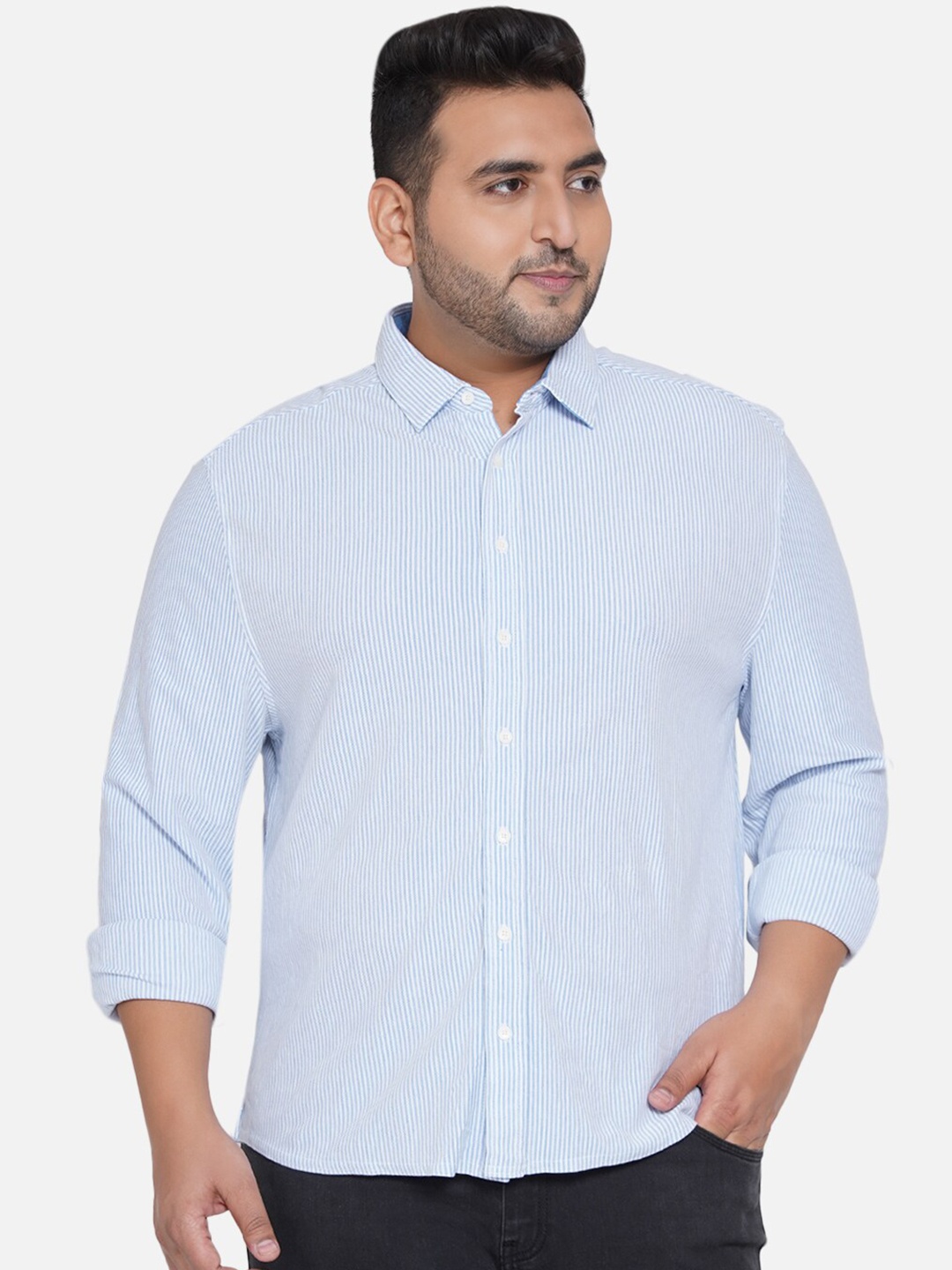 

Santonio Men Plus Size Blue Comfort Striped Casual Shirt