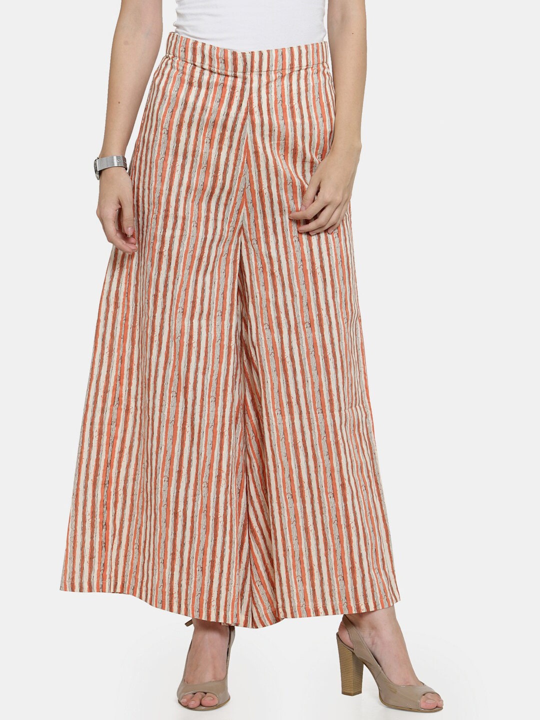 

Enchanted Drapes Women Orange & Beige Striped Palazzos