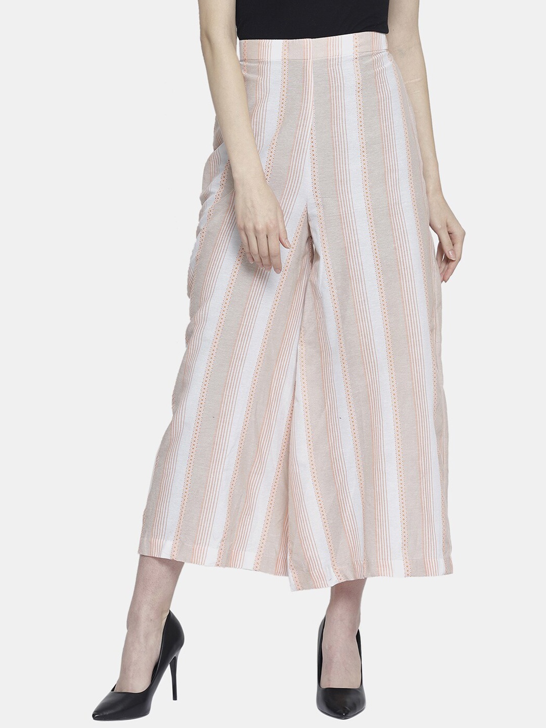 

Enchanted Drapes Women White & Orange Striped Pure Cotton Knitted Palazzos