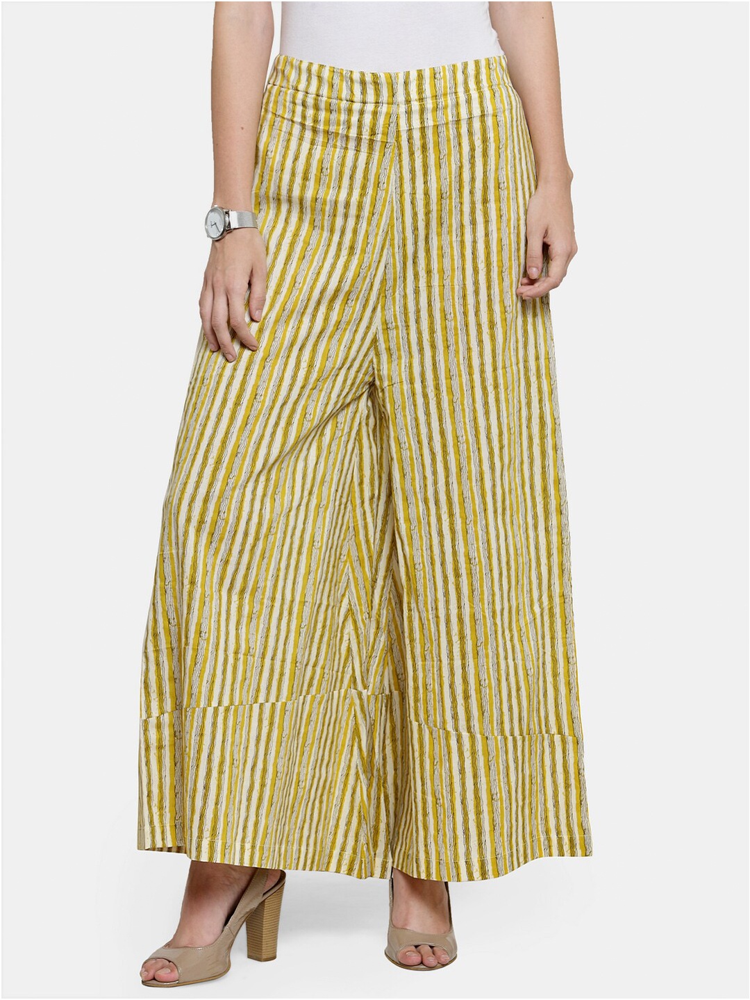 

Enchanted Drapes Women Yellow & Black Striped Flared Pure Cotton Knitted Palazzos