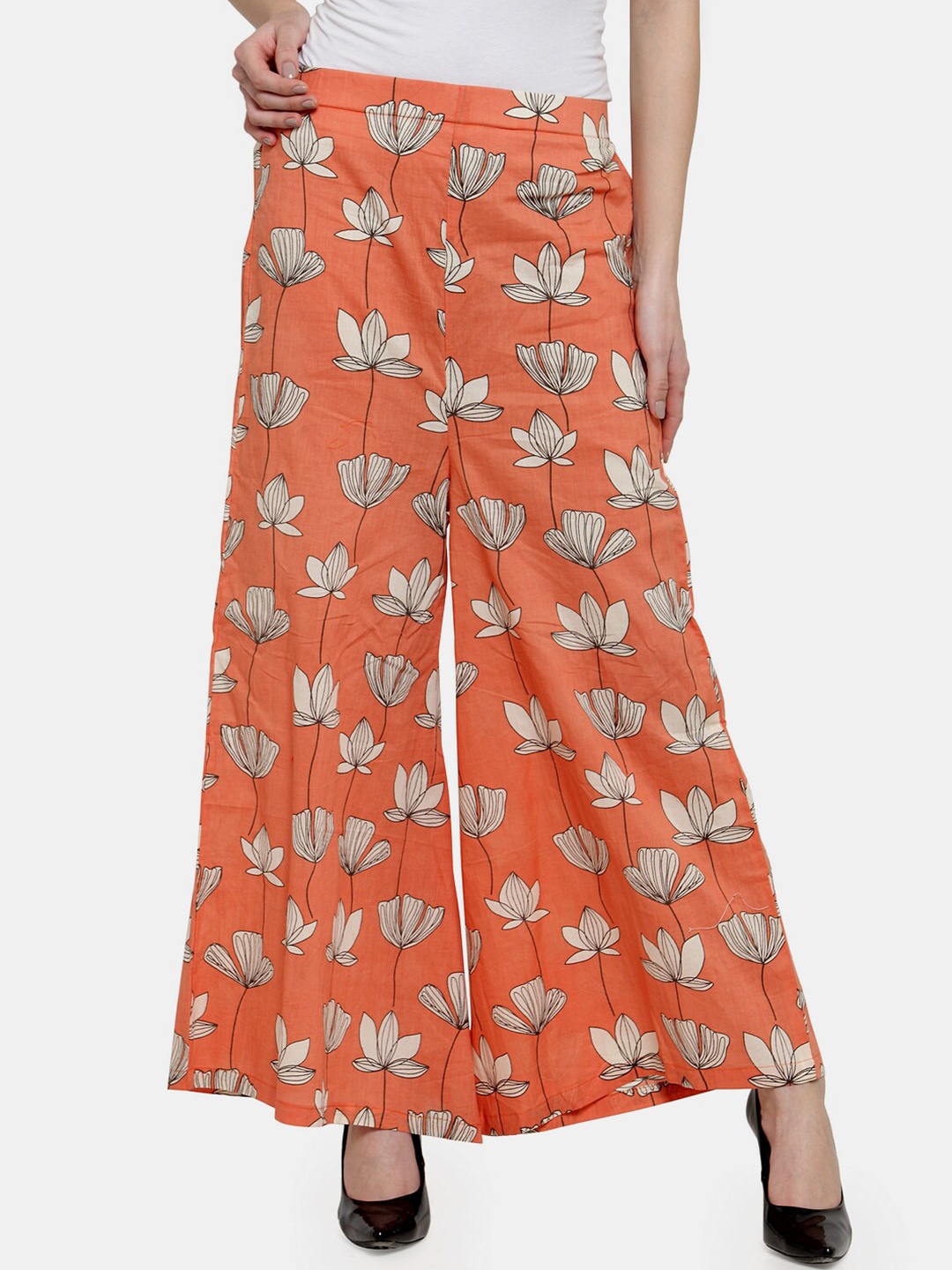 

Enchanted Drapes Women Orange & Black Floral Printed Cotton Flared Knitted Palazzos