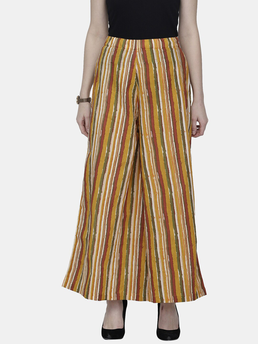 

Enchanted Drapes Women Yellow & Rust Striped Knitted Pure Cotton Palazzos