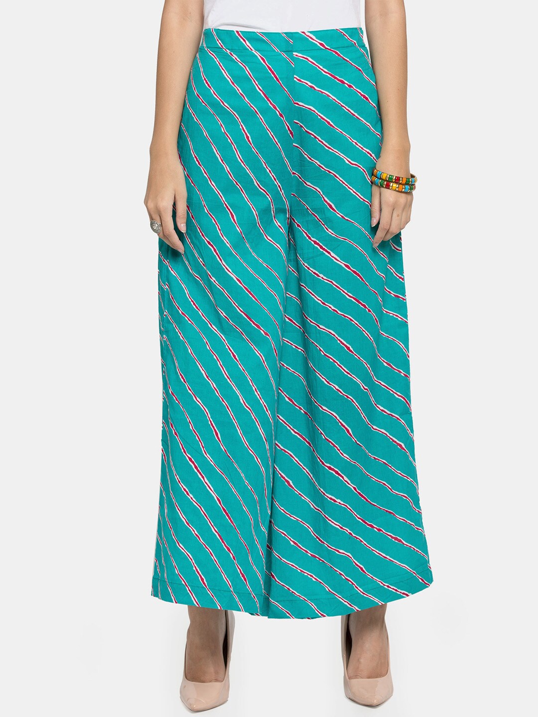 

Enchanted Drapes Women Blue & White Striped Pure Cotton Knitted Palazzos