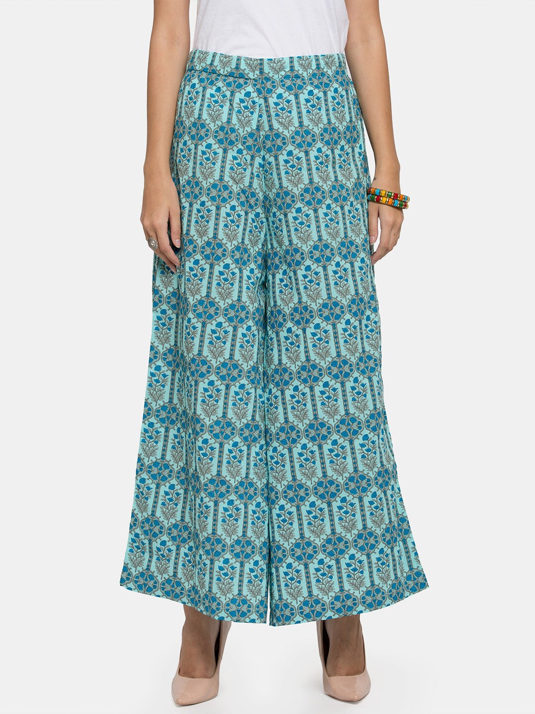 

Enchanted Drapes Women Blue & Grey Floral Printed Knitted Palazzos