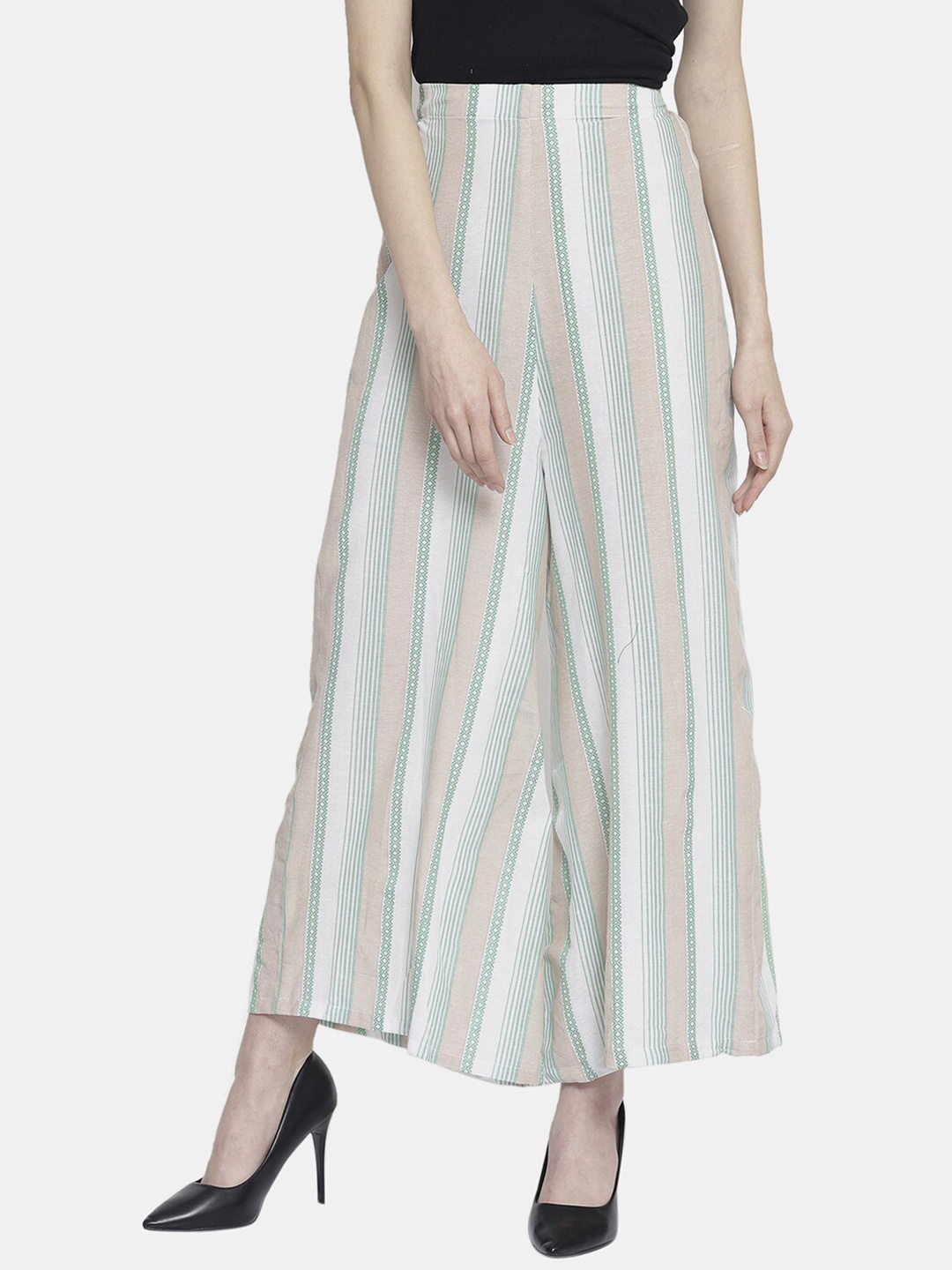 

Enchanted Drapes Women Green Striped Cotton Palazzos