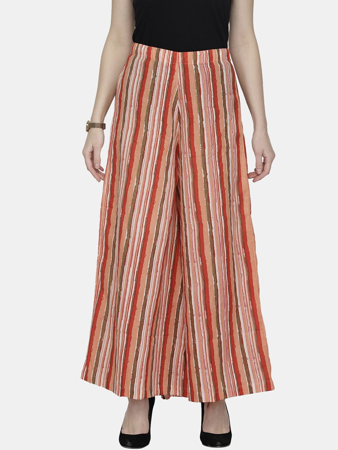 

Enchanted Drapes Women Pink & Red Striped Cotton Palazzos