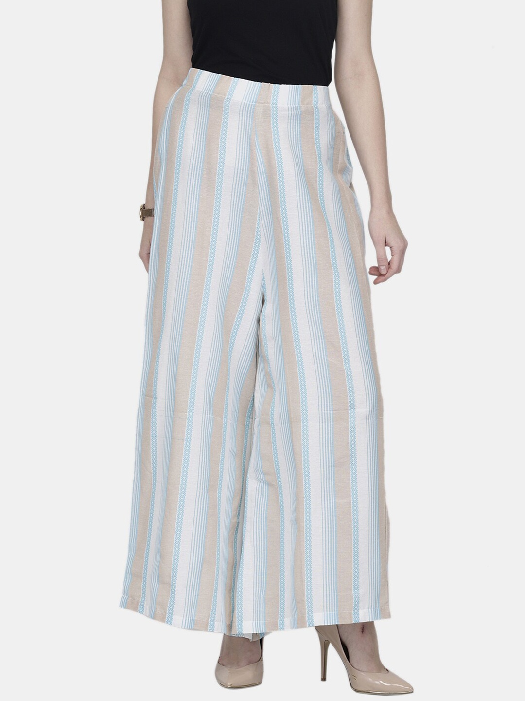 

Enchanted Drapes Women White & Blue Striped Pure Cotton Palazzos