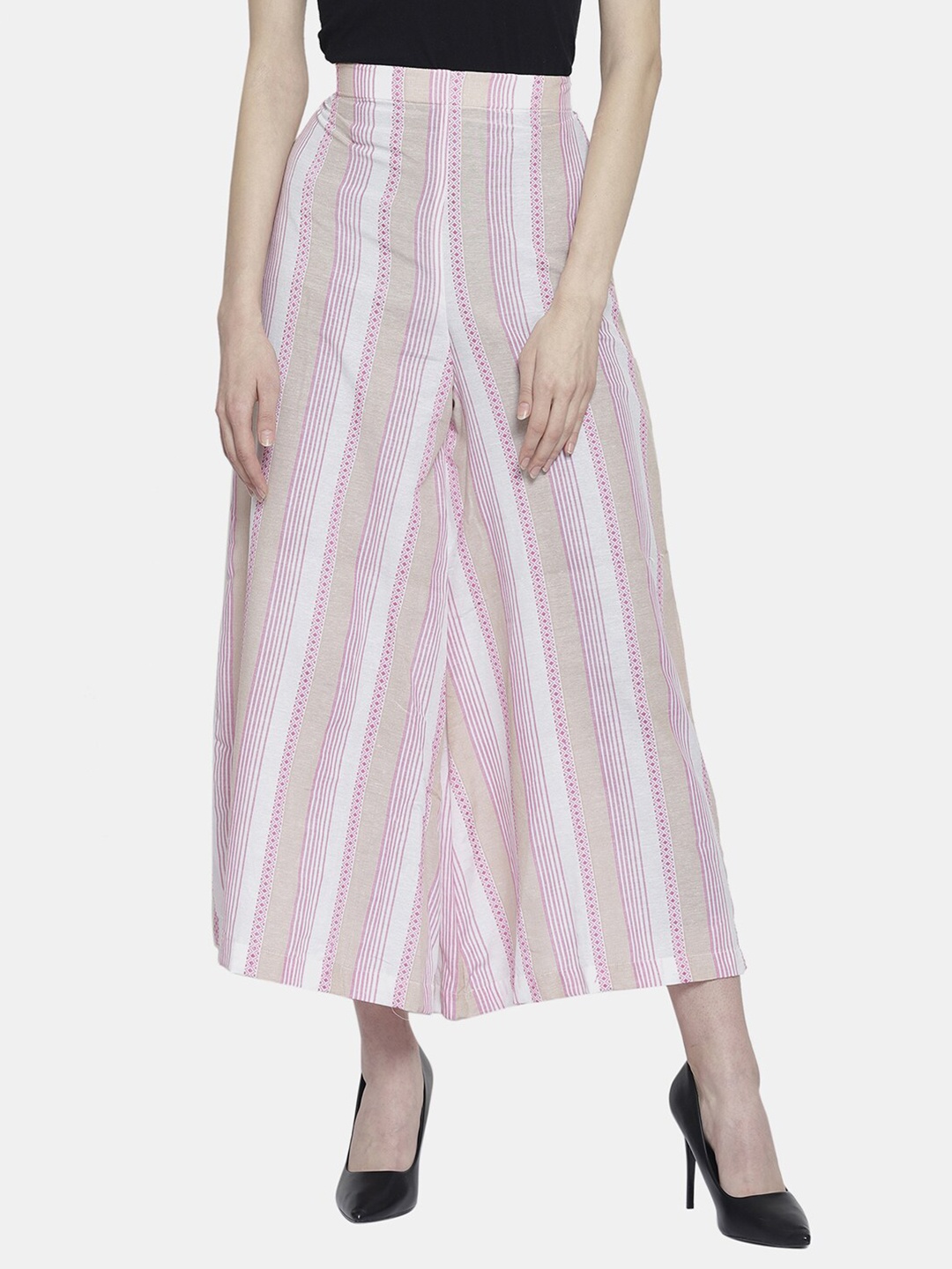 

Enchanted Drapes Women Pink & White Striped Knitted Palazzos