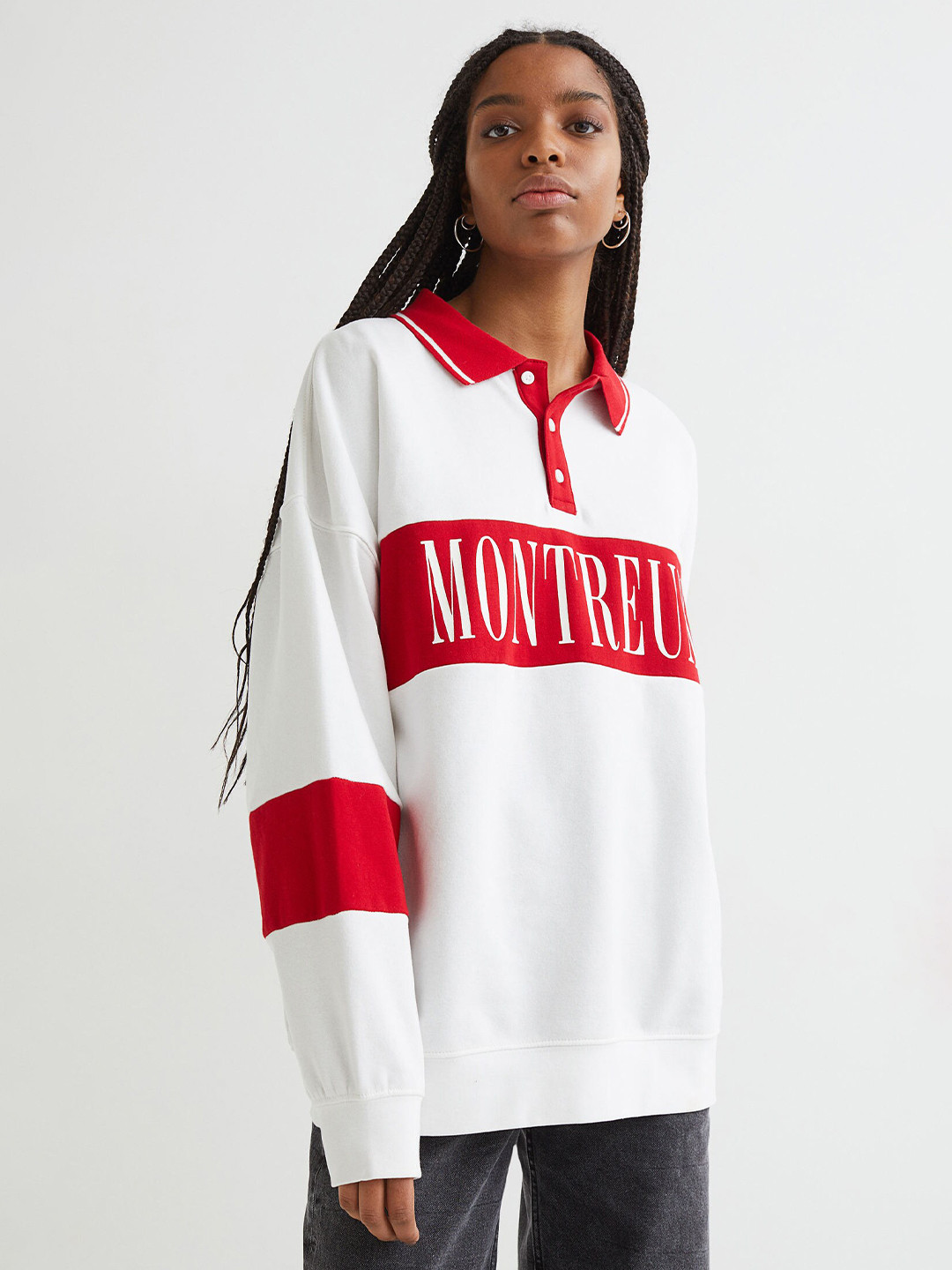 

H&M Women White & Red Oversized Rugby Shirt