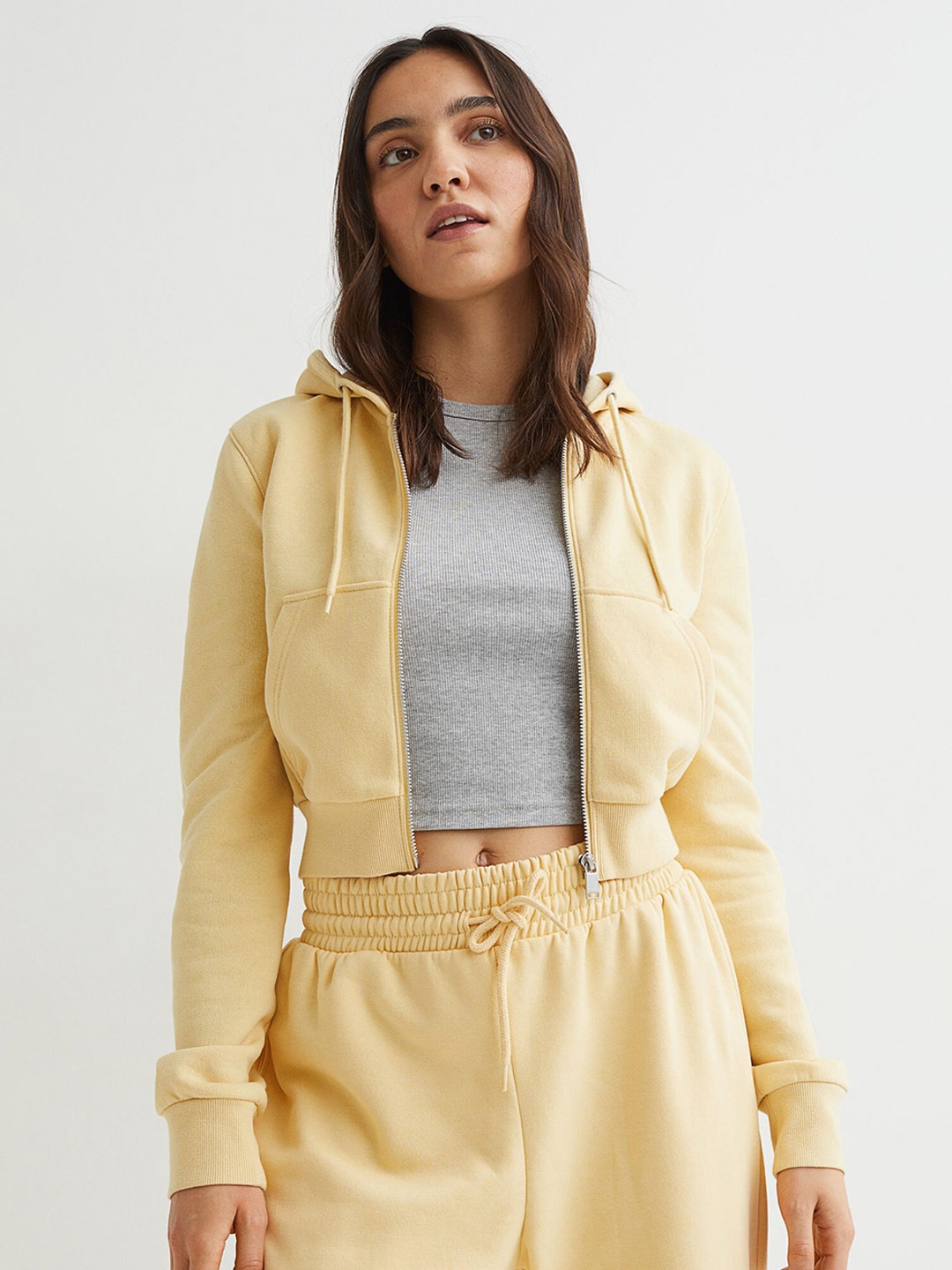 

H&M Women Yellow Solid Cropped Zip-Through Hoodie