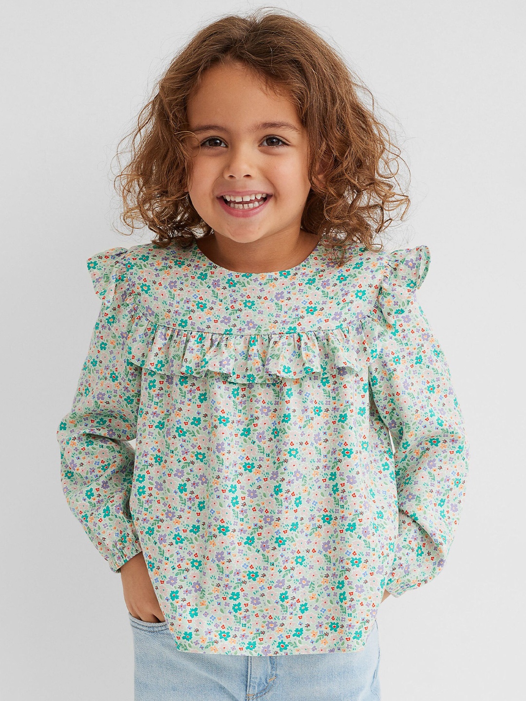 

H&M Girls Green Flounce-Trimmed Blouse