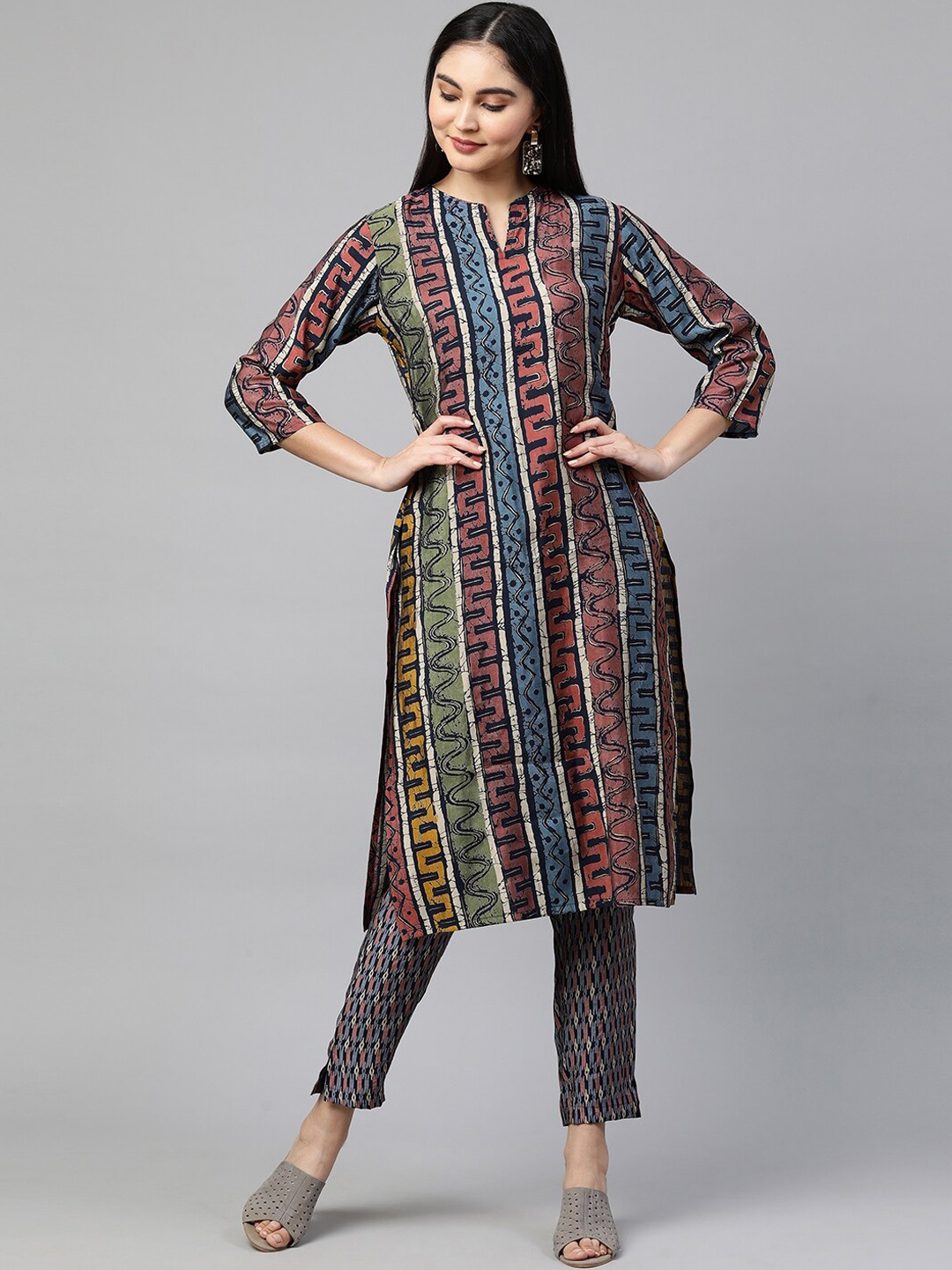 

FASHOR Women Blue & Mauve Printed Kurta with Trousers