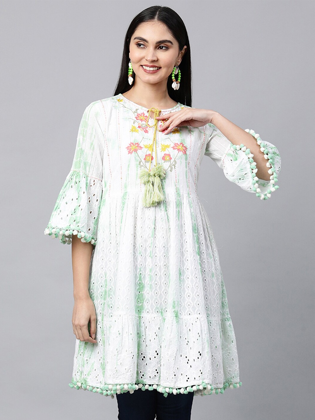 

FASHOR Women White & Green Embroidered Woven Design Pure Cotton Tiered Kurti
