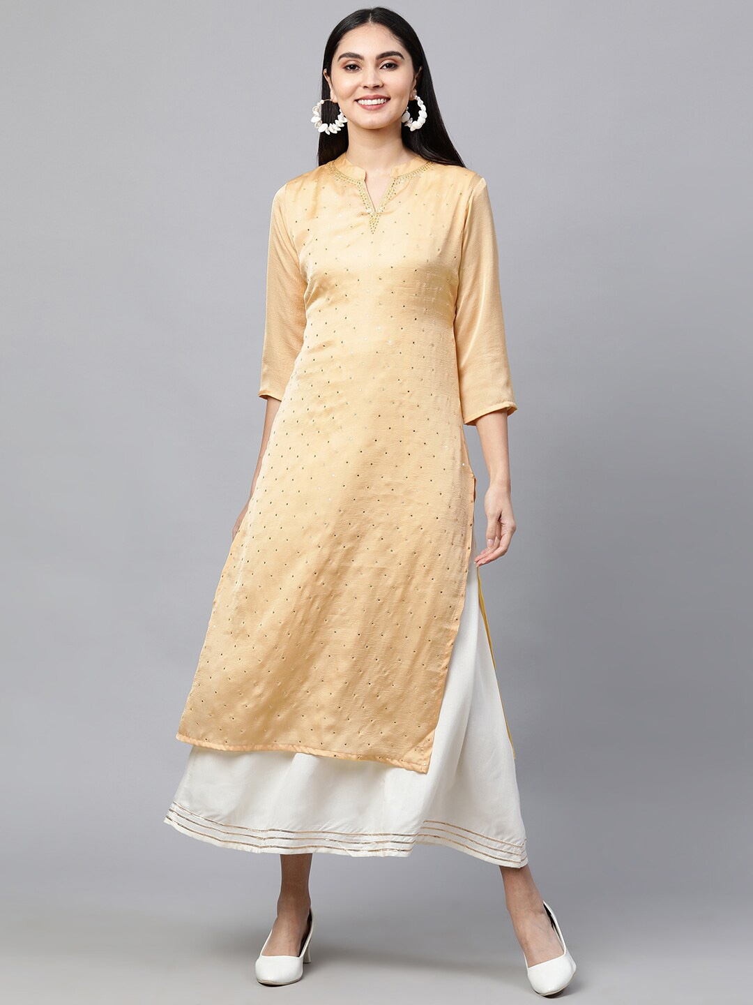 

FASHOR Women Yellow Satin Ethnic Embellished Kurta With Slip-On Dress