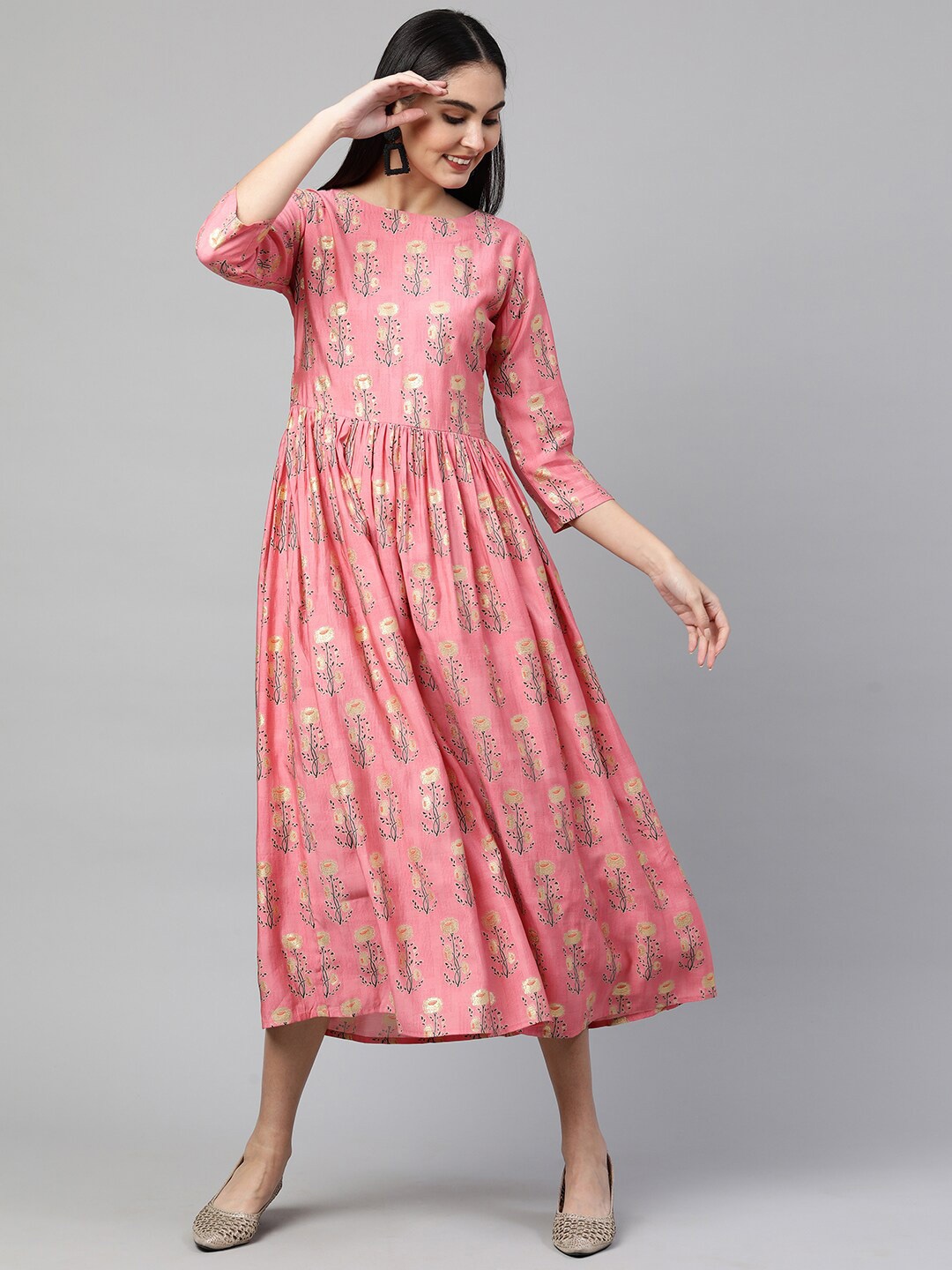 

FASHOR Pink Ethnic Motifs Keyhole Neck Ethnic Maxi Dress