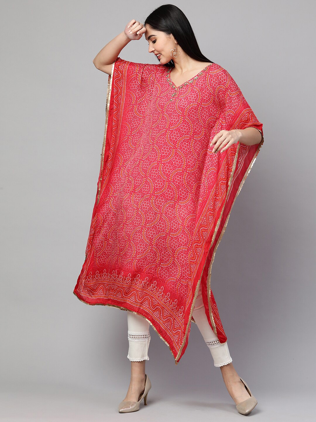

FASHOR Women Pink Bandhani Printed Bell Sleeves Kurta