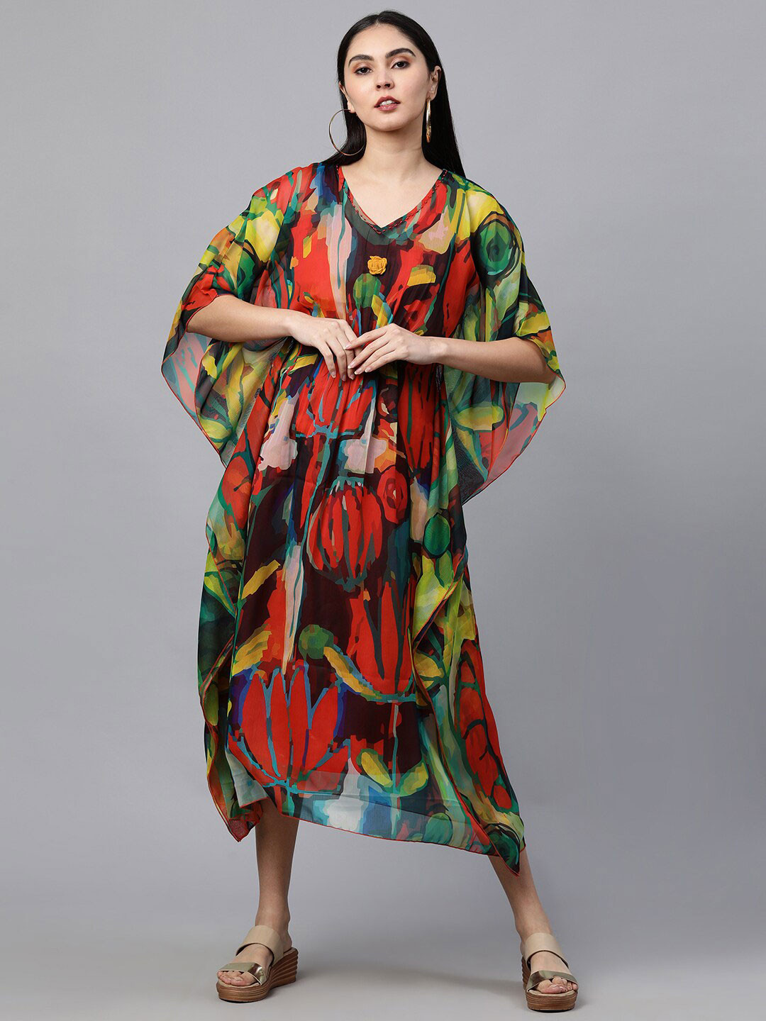 

FASHOR Multicoloured Chiffon Kaftan Midi Dress, Multi