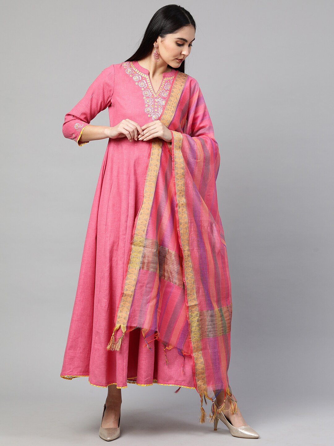 

FASHOR Pink Floral Embroidered Ethnic Maxi Dress With Dupatta