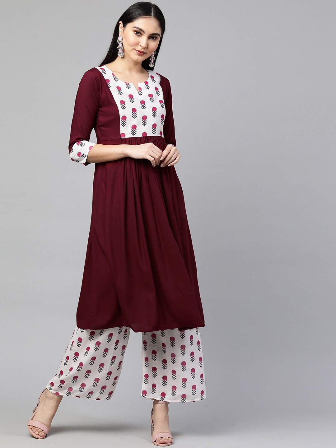

FASHOR Women Burgundy Floral Yoke Design Empire Kurta with Palazzos & With Dupatta