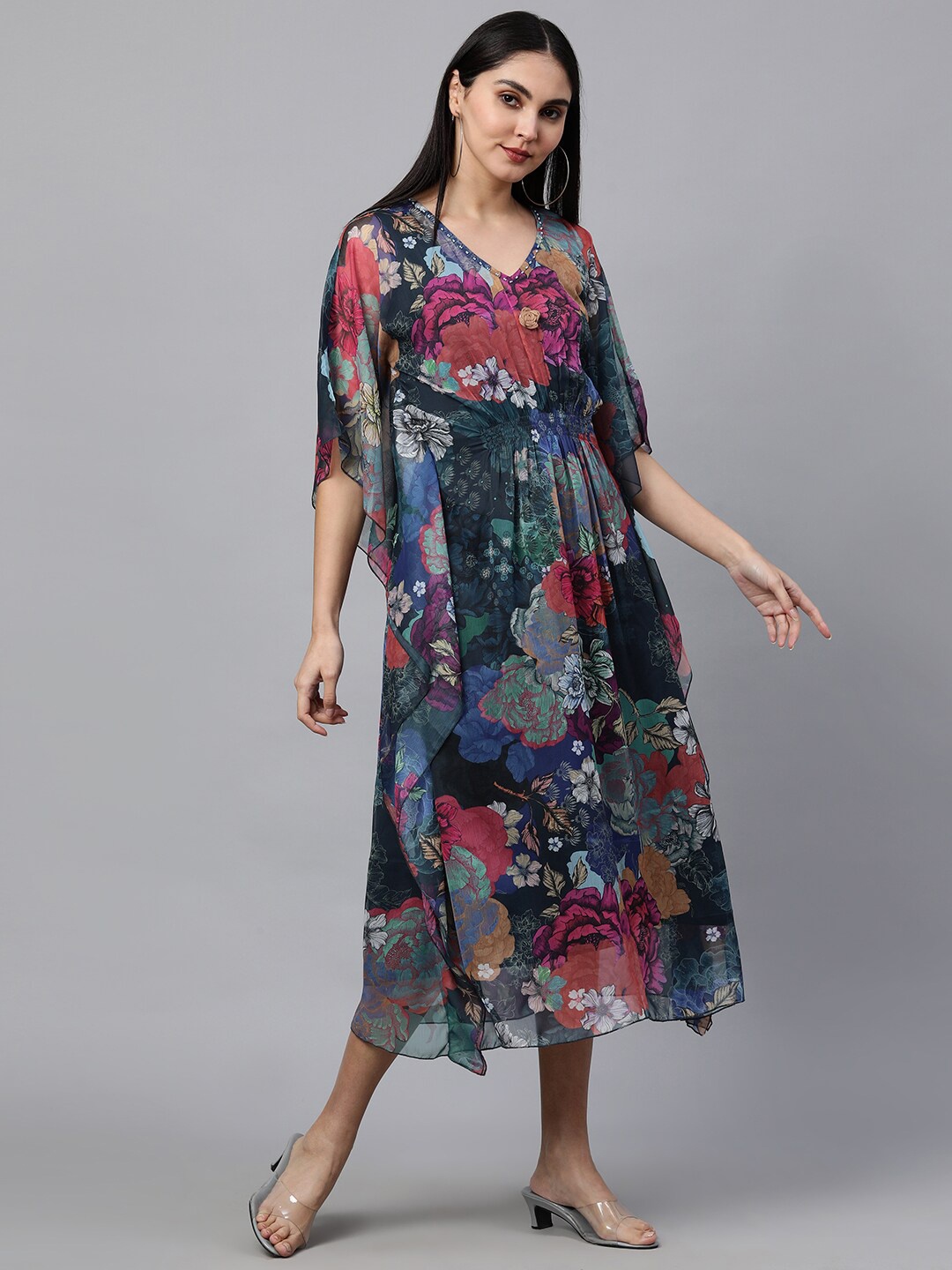 

FASHOR Teal Floral Chiffon Ethnic Kaftan Midi Dress