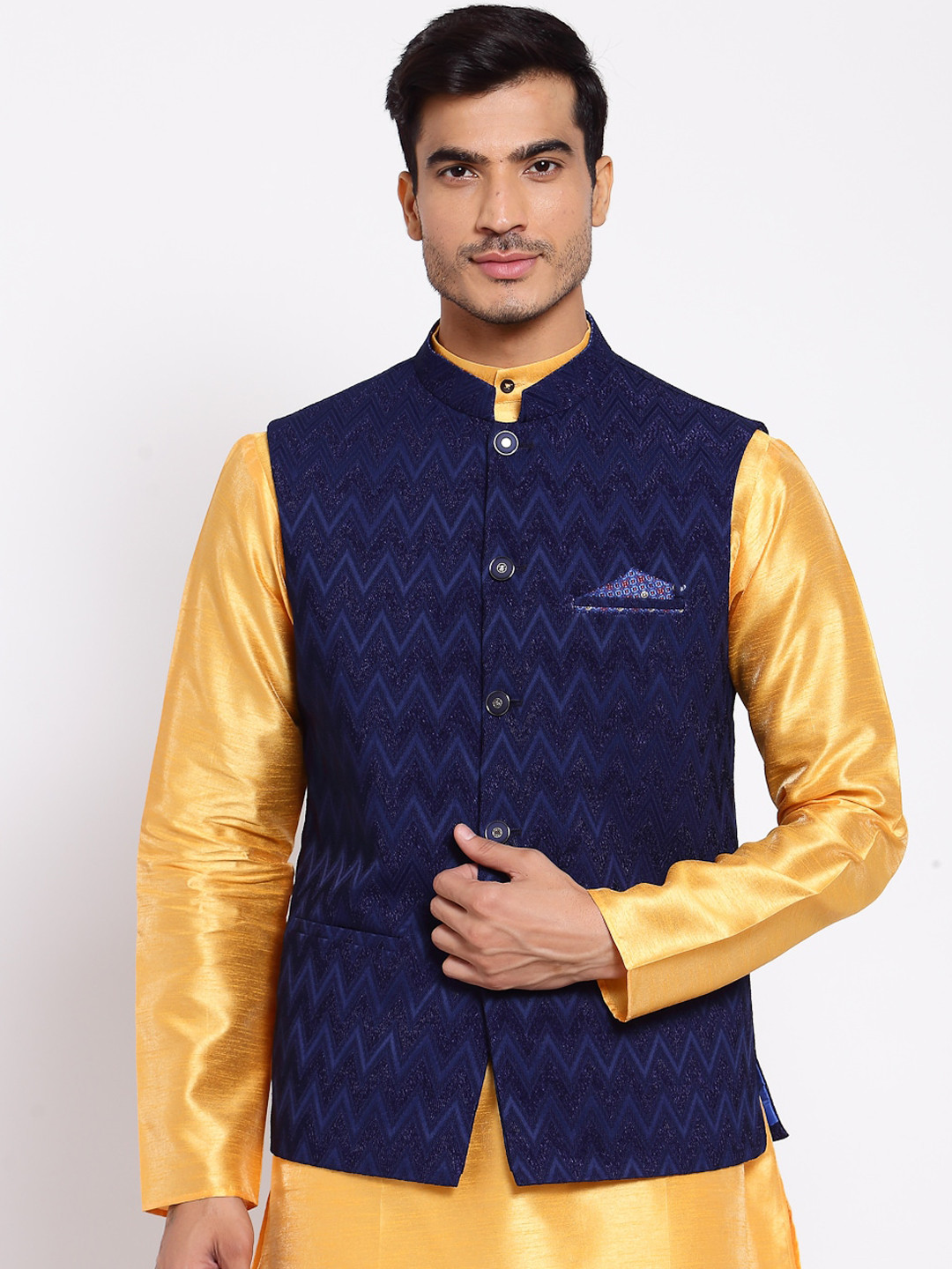 

MAXENCE Men Blue Satin Nehru Jacket for weddings