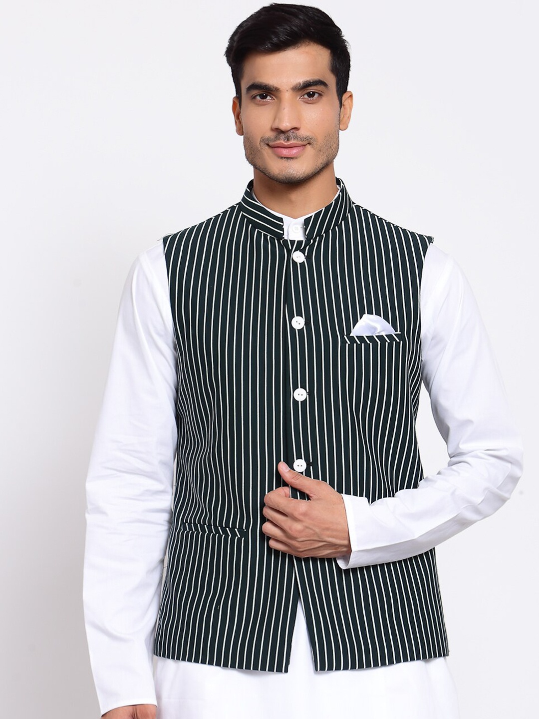 

Maxence Nehru Green & White Striped Jacket