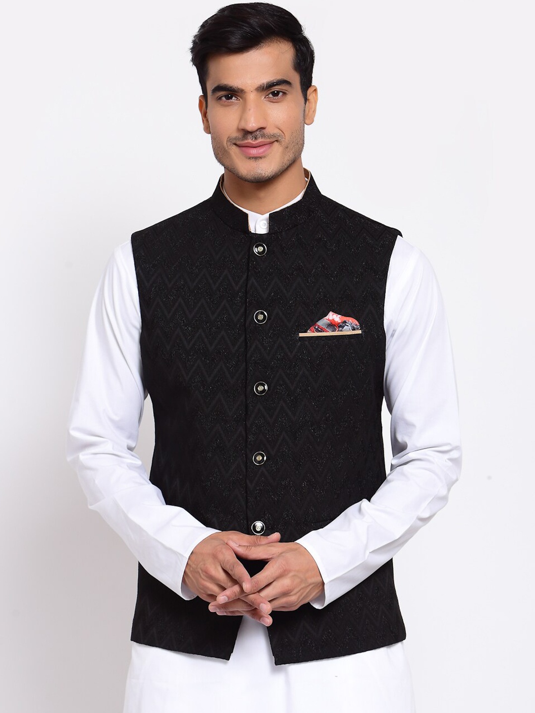 

MAXENCE Men Black Woven Design Nehru Jacket