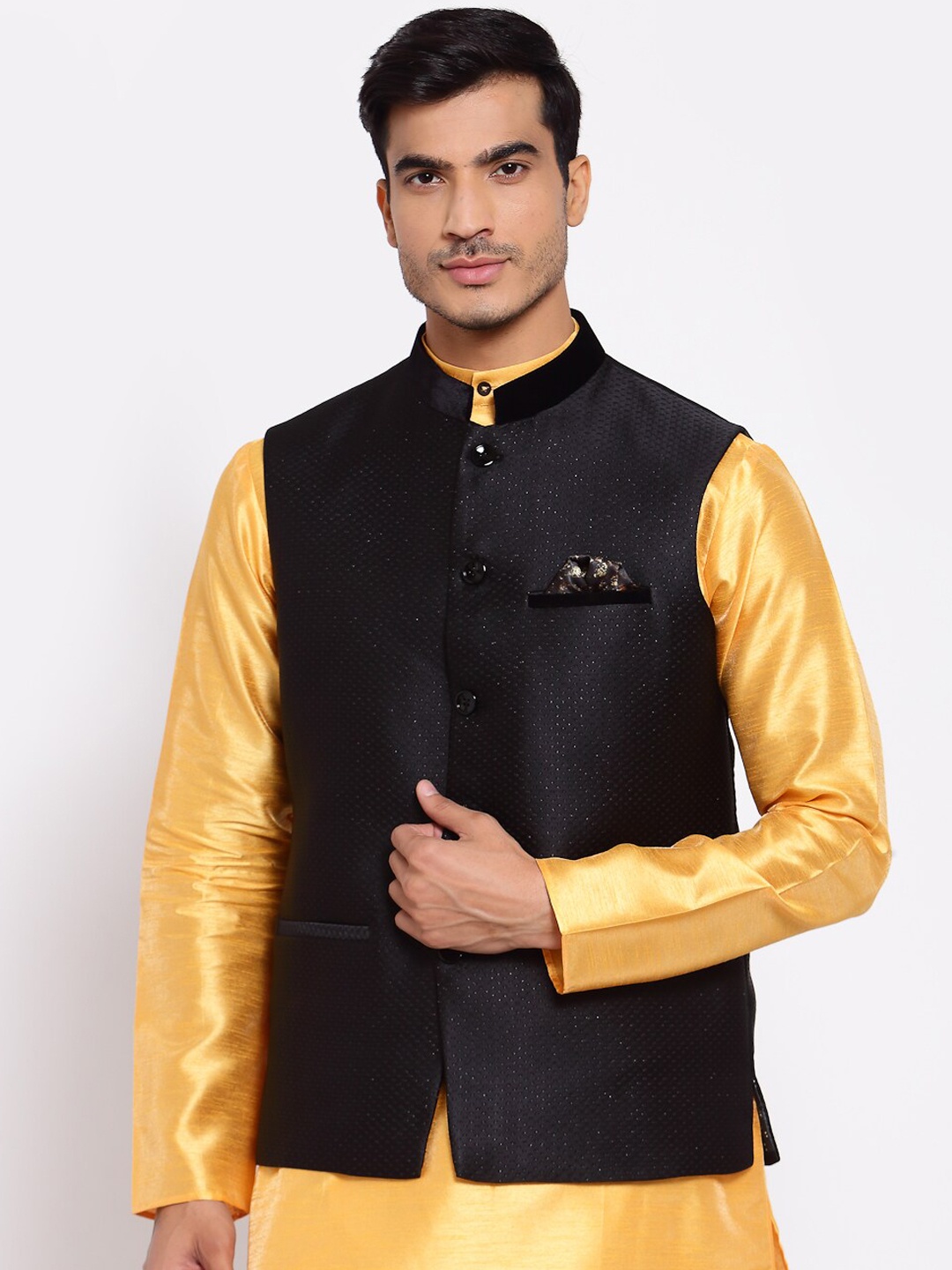 

MAXENCE Men Black Woven Design Cotton Nehru Jacket