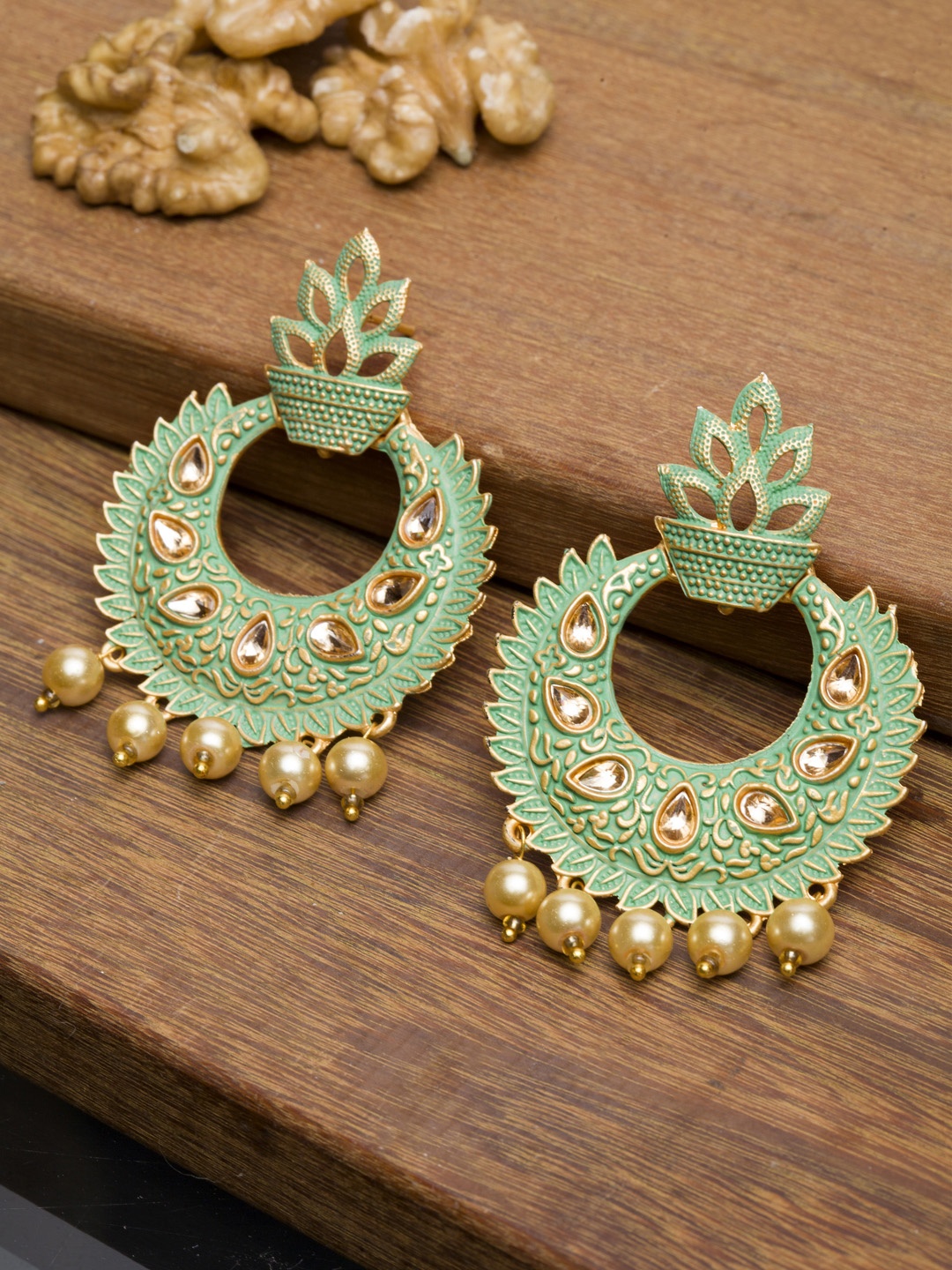 

PANASH Gold-Plated & Green Enamelled Crescent Shaped Chandbalis