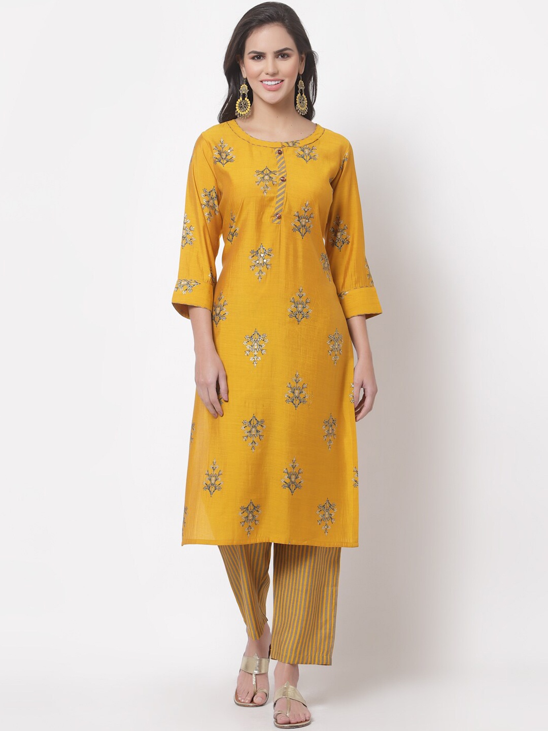 

Myshka Women Mustard Yellow Ethnic Motifs Printed Kurta with Palazzos