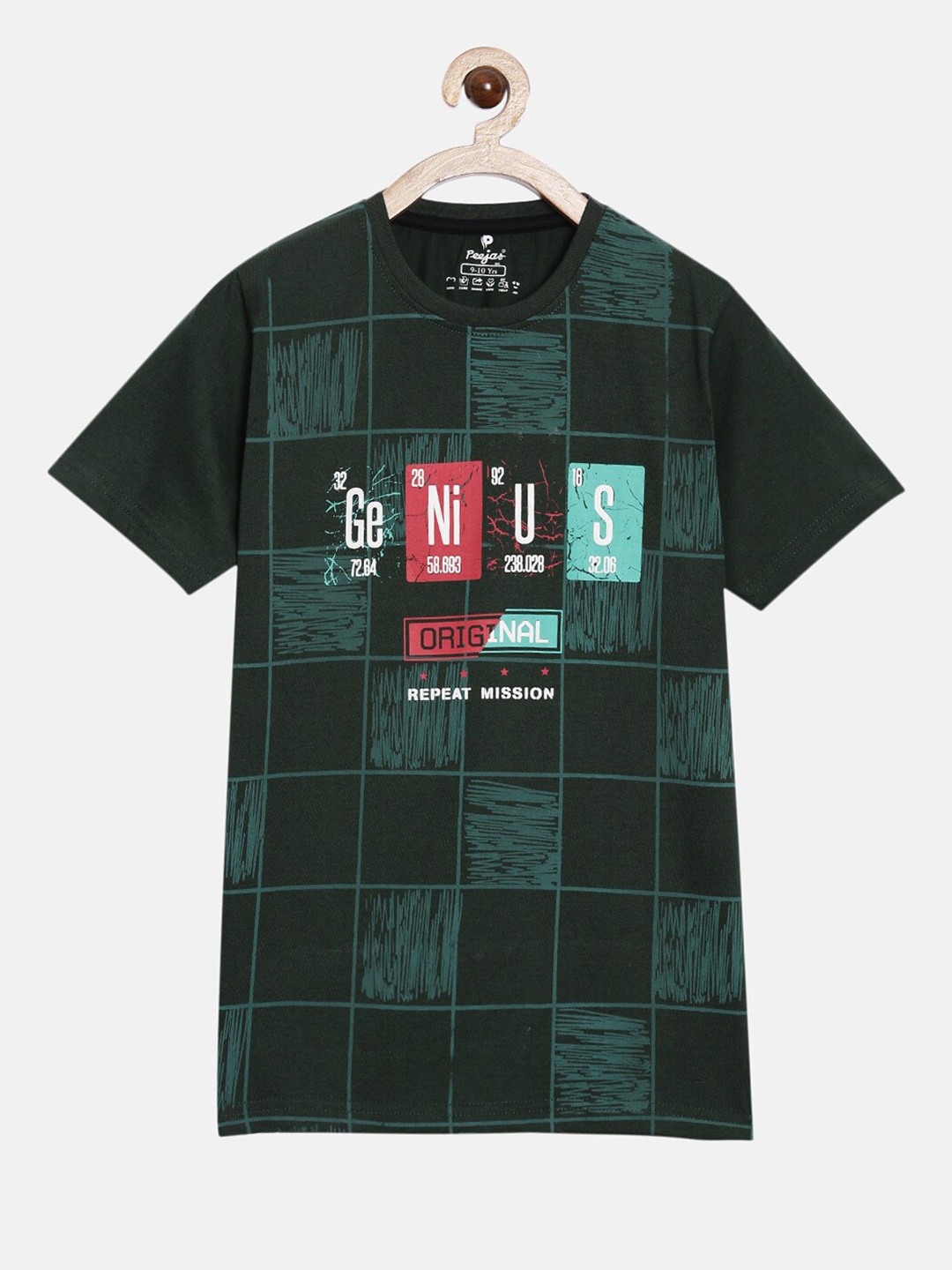 

Peejas Boys Green Checked Pure Cotton T-shirt