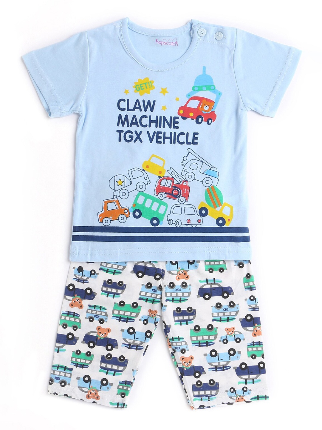 

Hopscotch Kids Blue & White Printed T-shirt with Shorts