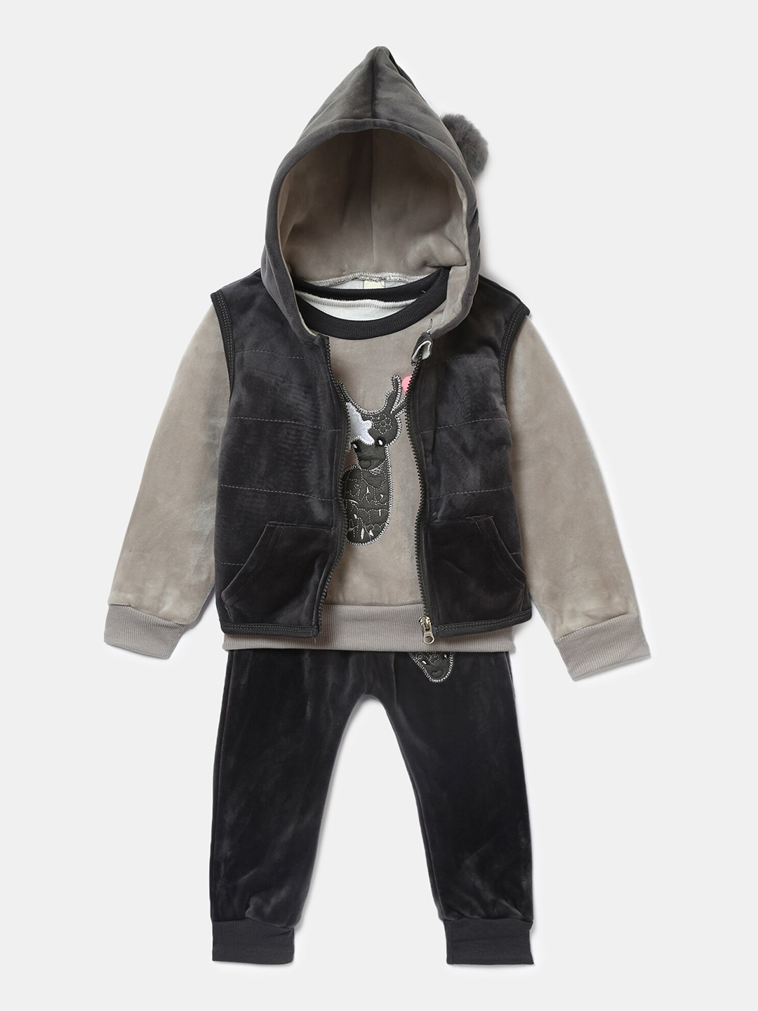 

Hopscotch Boys Grey & Black Printed Sweatshirt With Jogger & Hooded Jacket