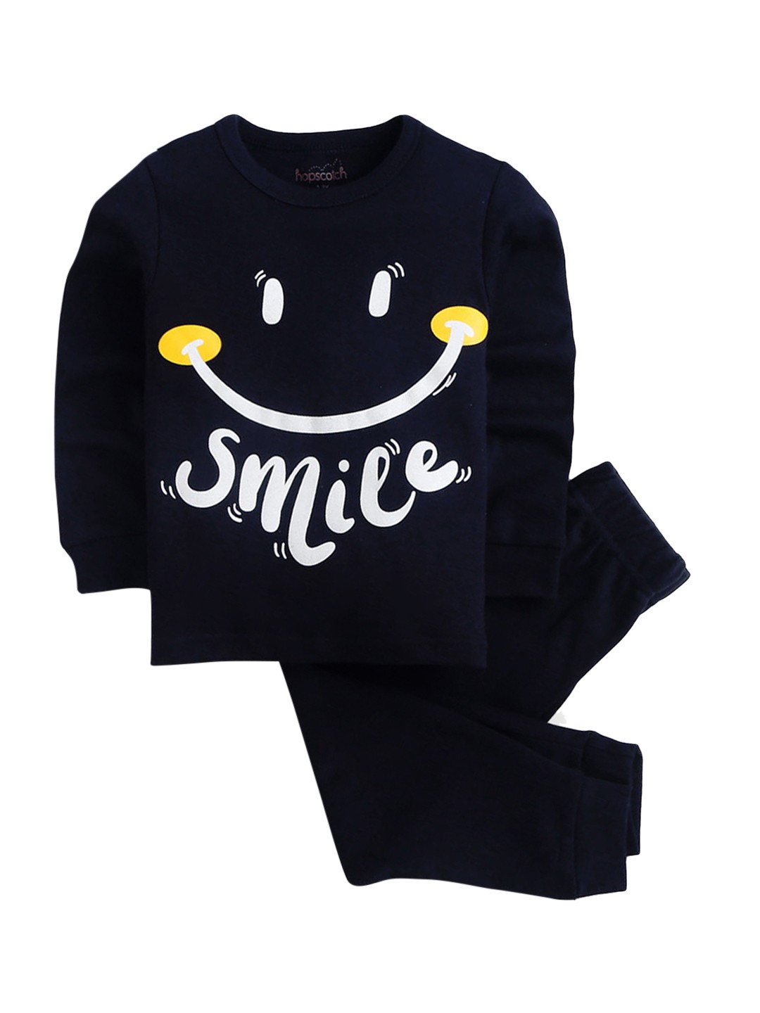 

Hopscotch Kids Navy Blue & White Smiley Printed T-shirt with Trousers