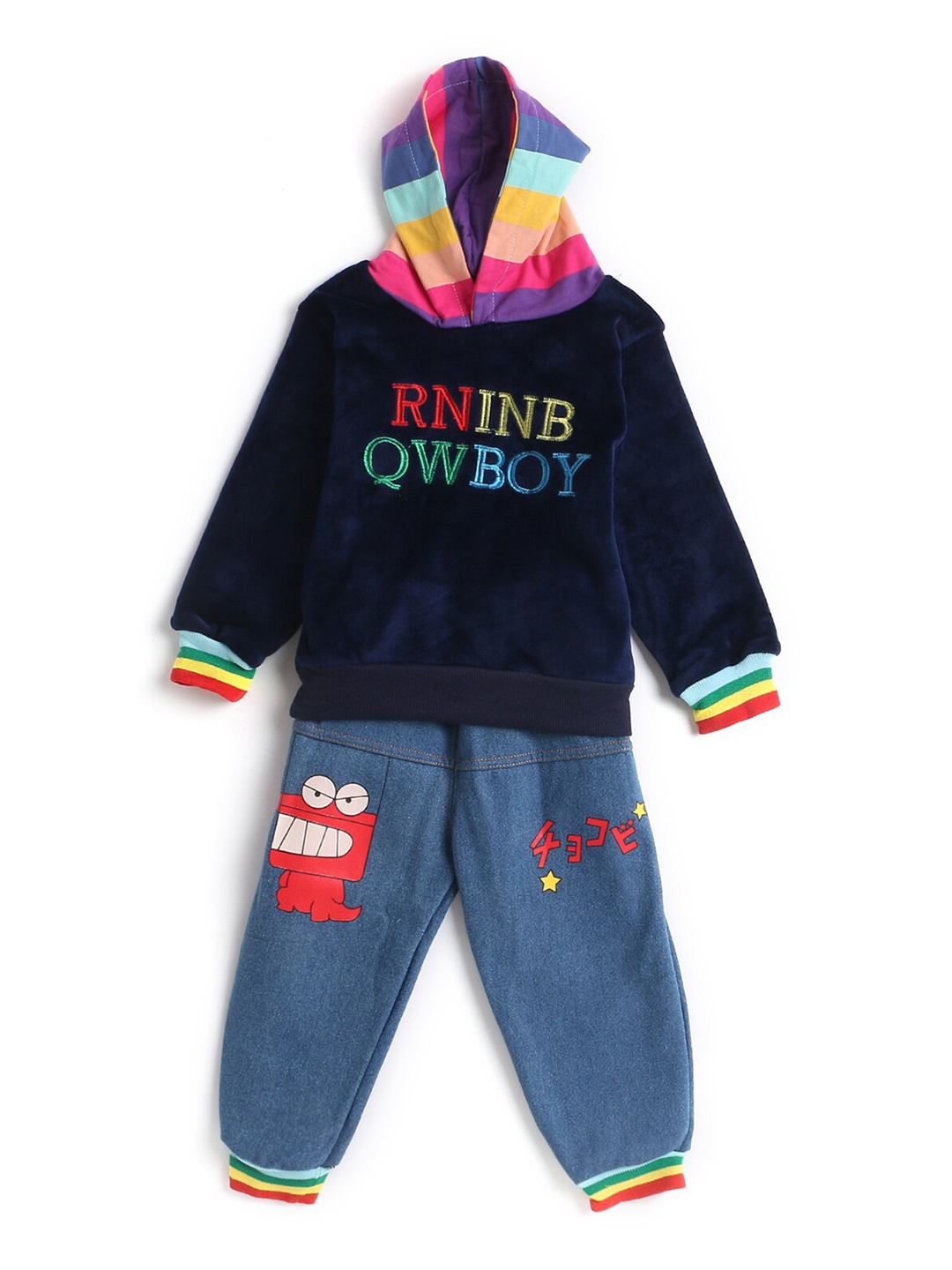 

Hopscotch Boys Blue & Red Printed Hooded T-shirt with Jeans