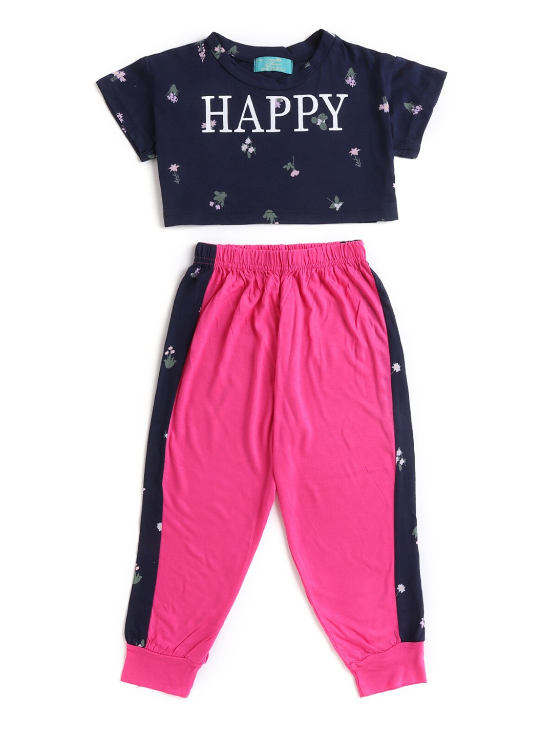 

Hopscotch Girls Pink & Navy Blue Printed Organic Cotton T-shirt with Trousers