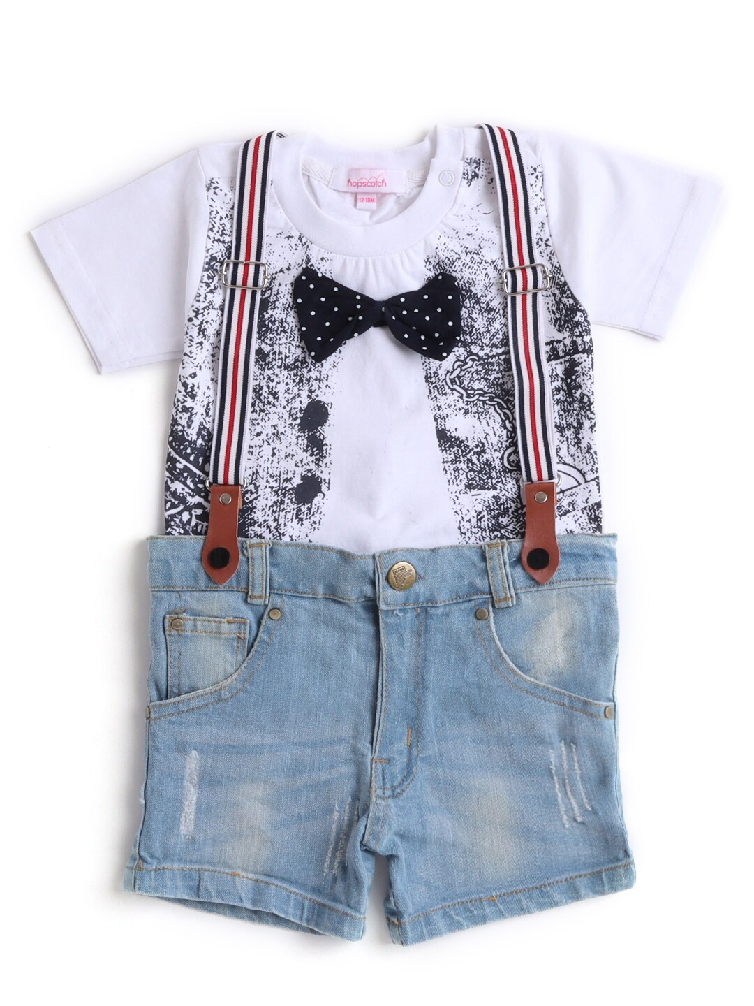

Hopscotch Boys White & Blue Printed T-shirt with Suspender Shorts