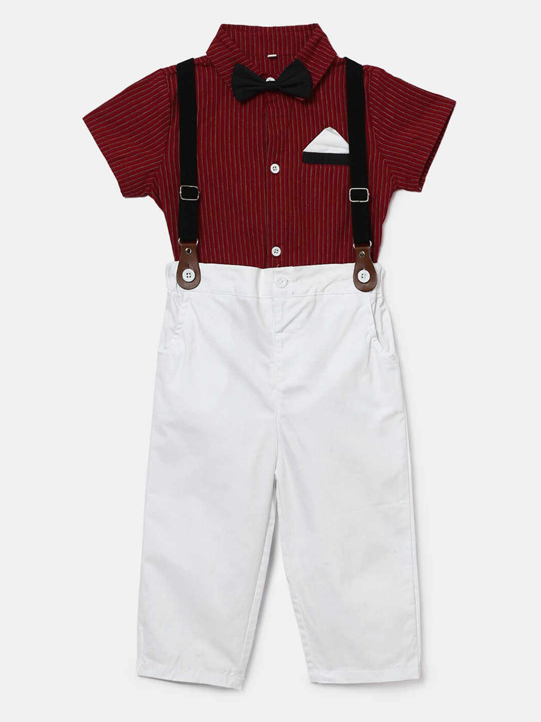 

Hopscotch Boys Maroon & White Organic Cotton T-shirt with Suspender Pant