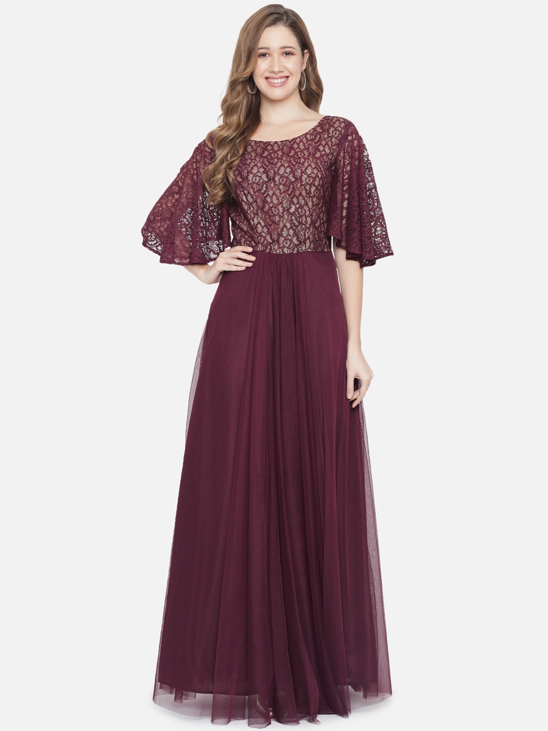 

Just Wow Woman Maroon Net Maxi Dress