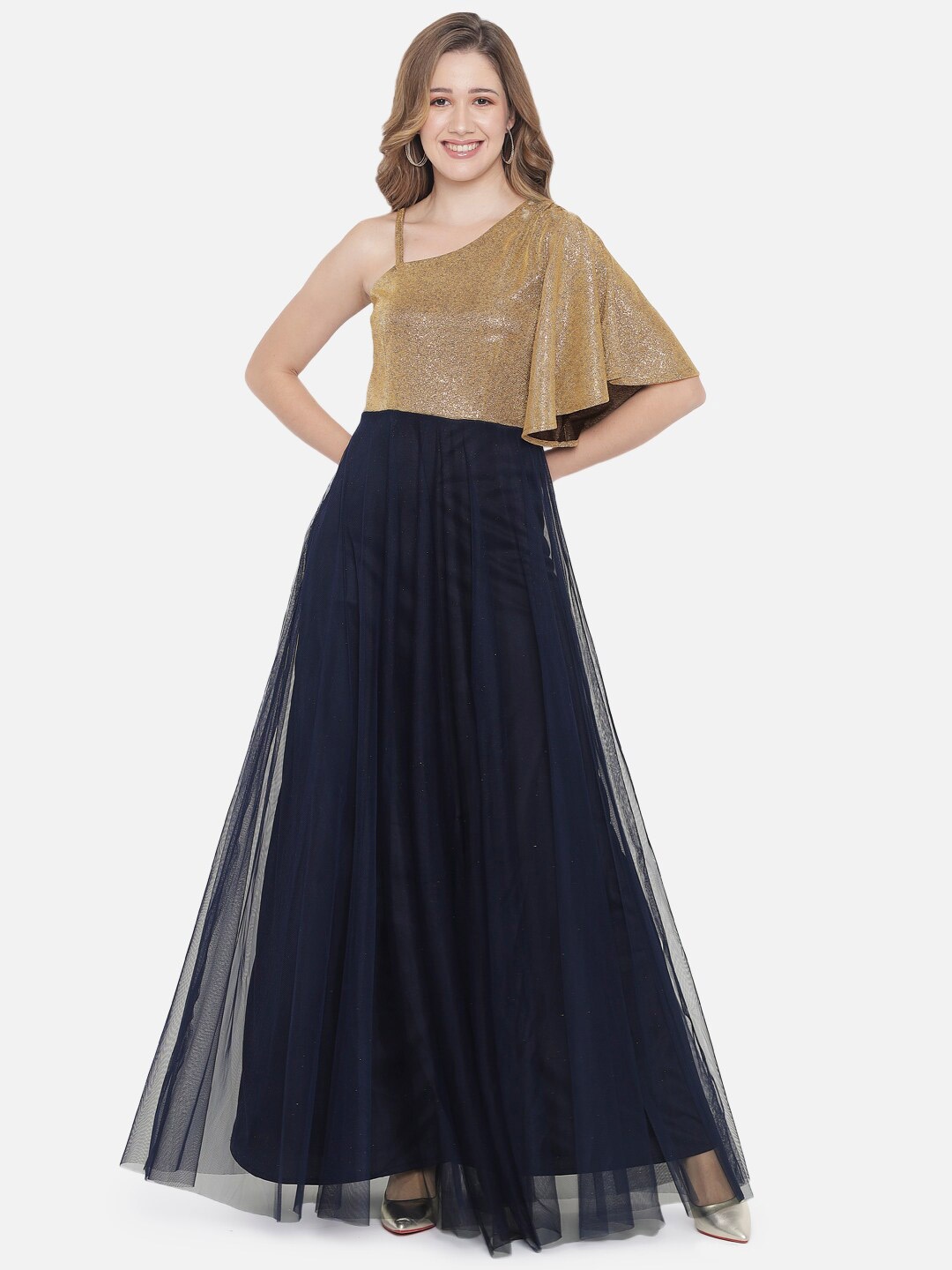 

Just Wow Navy Blue & Beige Embellished Net Maxi Dress