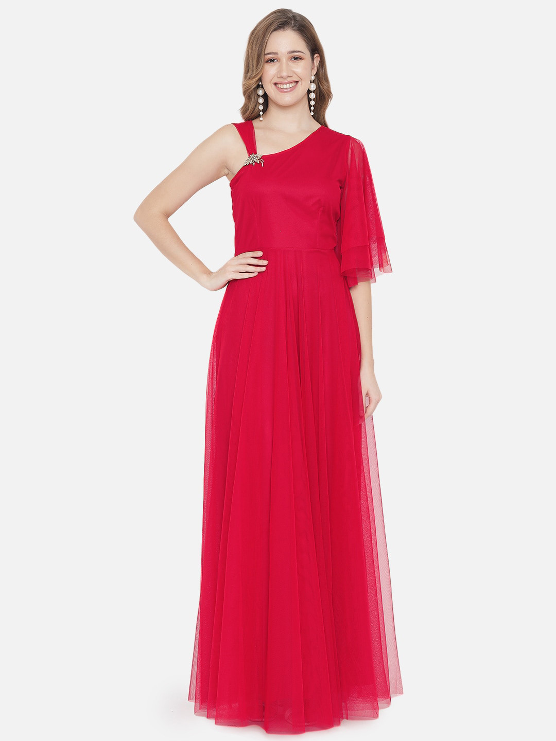 

Just Wow Red One Shoulder Net Maxi Dress
