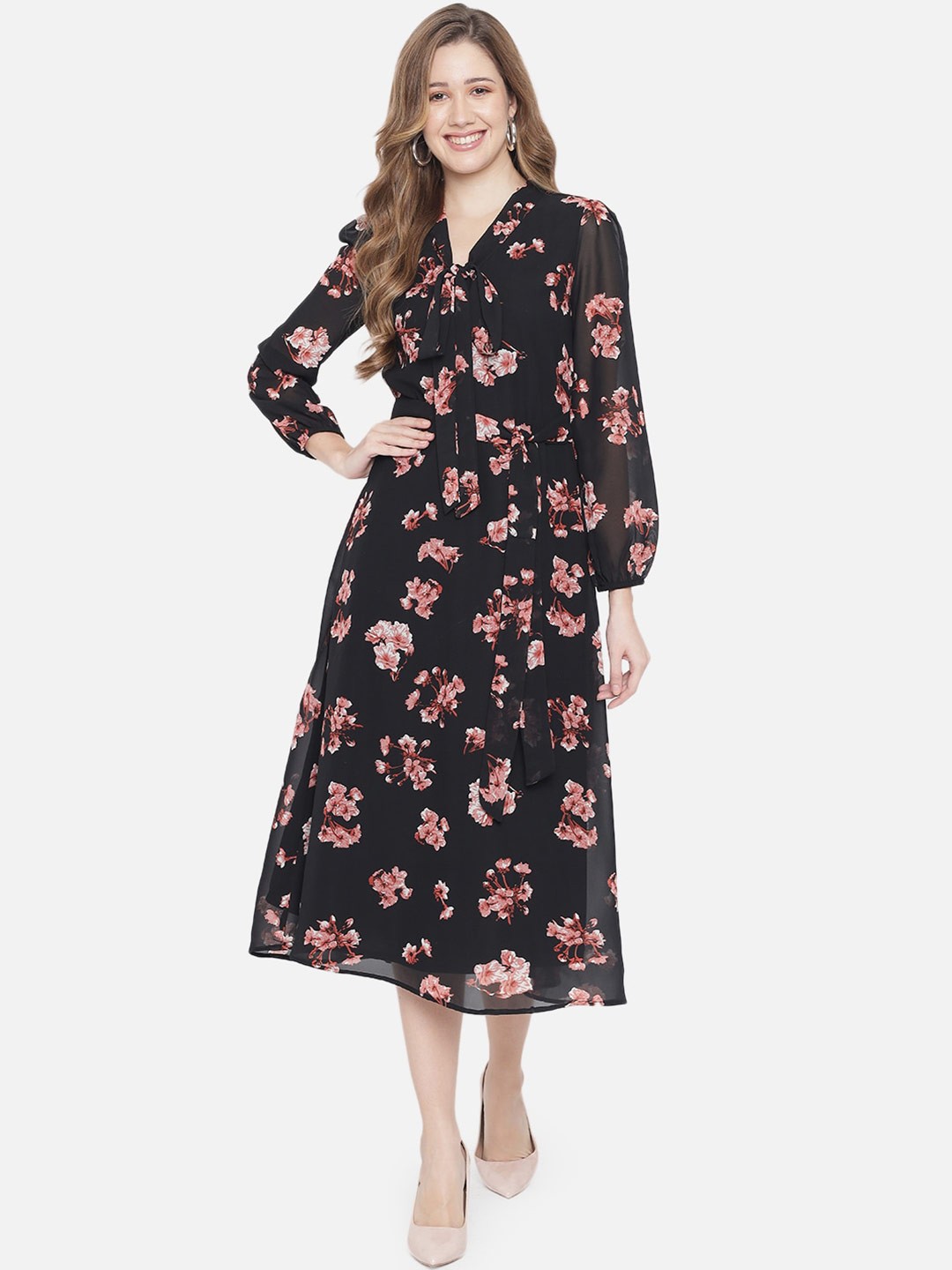 

Just Wow Black & Pink Floral Tie-Up Neck Georgette Midi Dress