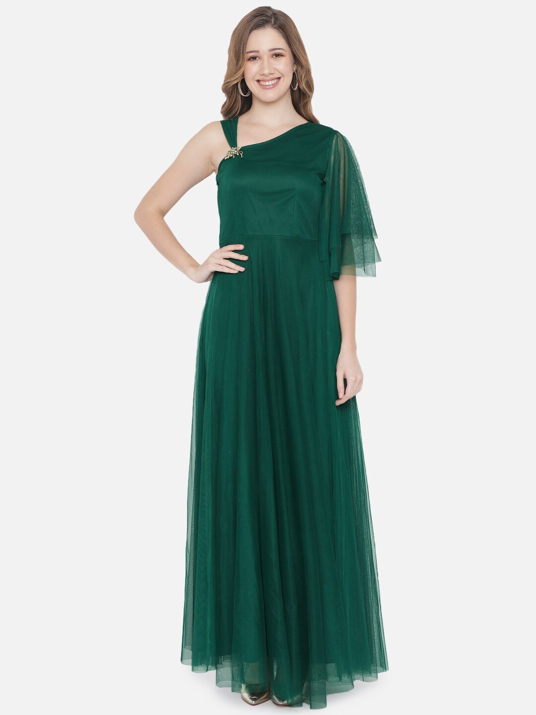 

Just Wow Woman Green One Shoulder Net Maxi Dress