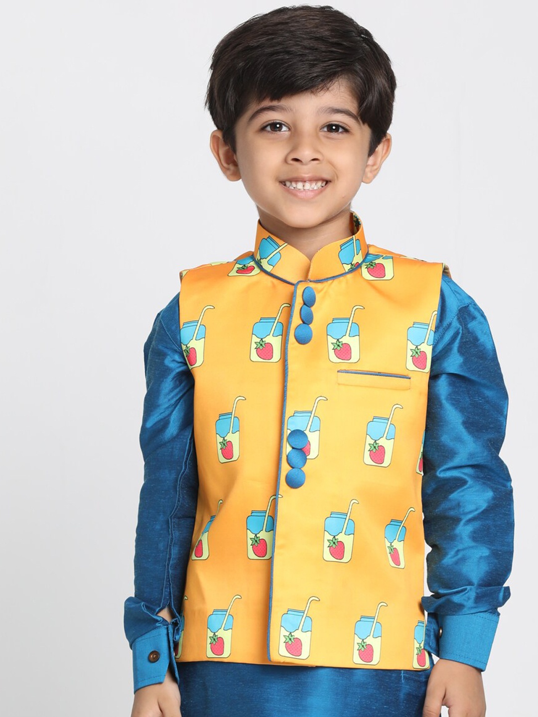 

JBN Creation Boys Orange & Blue Printed Slim-Fit Satin Nehru Jacket