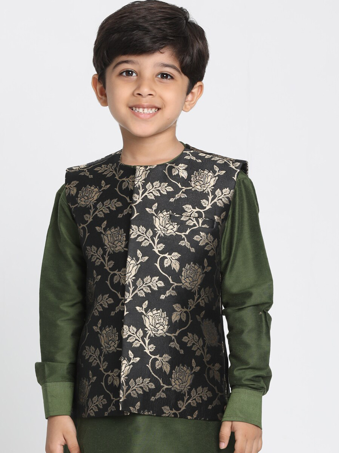 

JBN Creation Boys Black & Gold-Coloured Woven-Design Slim-Fit Nehru Jacket