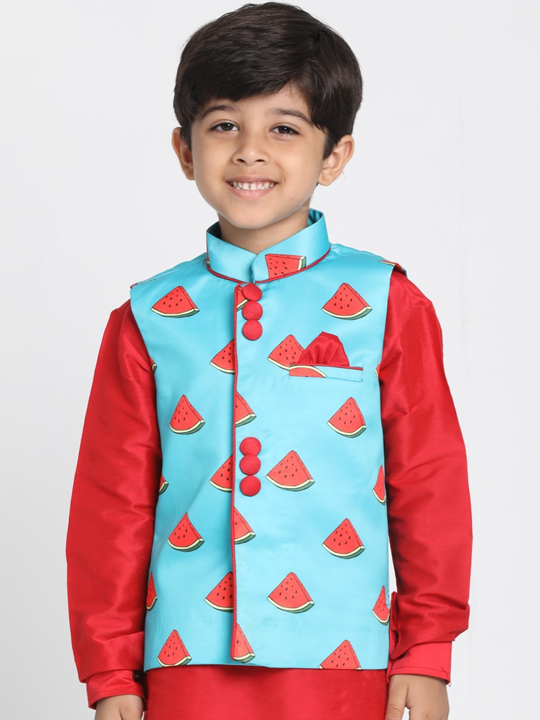 

JBN Creation Boys Blue & Red Printed Slim-Fit Satin Nehru Jacket